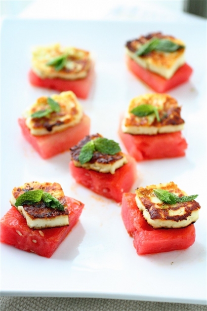 Halloumi And Watermelon Bites With Basil-Mint Oil | The Curvy Carrot
